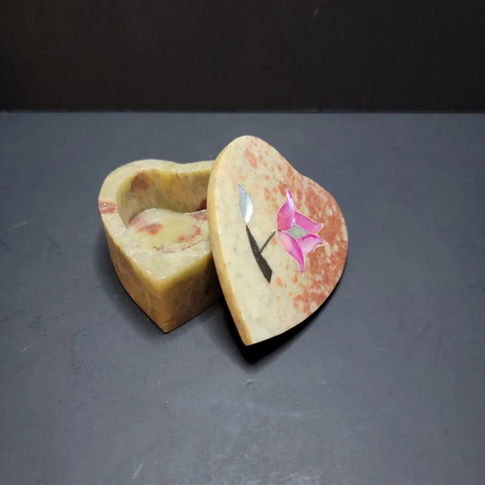 Vintage Soapstone Mother of Pearl Heart Shaped Trinket Box